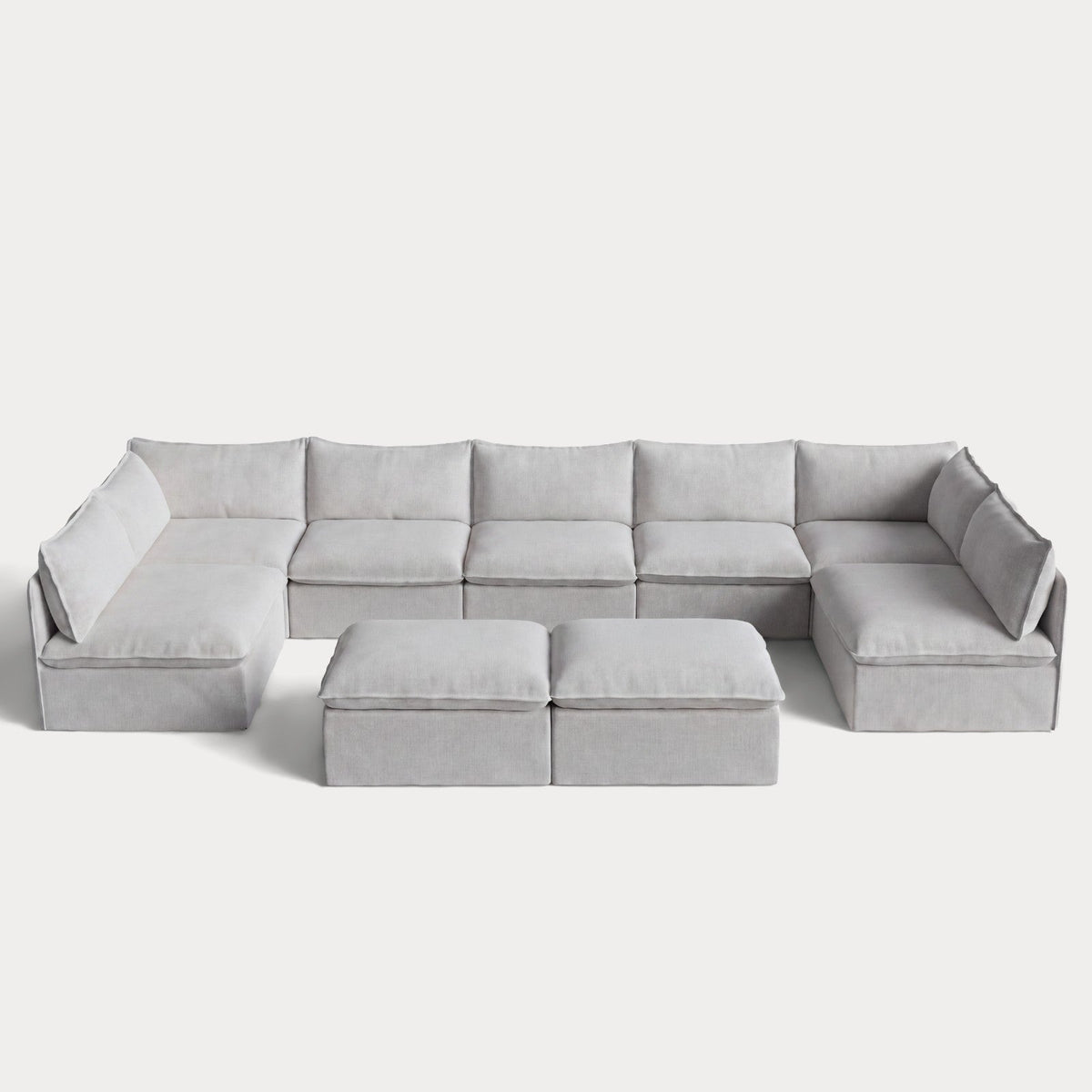 Modular Outdoor Washable 7-Seater Open-Ends U-Sectional + Bench Ottoman | Nano Slubweave in Mist