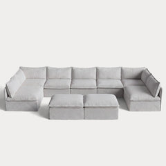 Modular Outdoor Washable 7-Seater Open-Ends U-Sectional + Bench Ottoman | Nano Slubweave in Mist