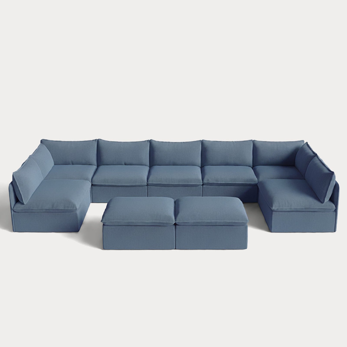 Modular Outdoor Washable 7-Seater Open-Ends U-Sectional + Bench Ottoman | Classic Canvas in Ocean