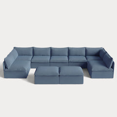 Modular Outdoor Washable 7-Seater Open-Ends U-Sectional + Bench Ottoman | Classic Canvas in Ocean