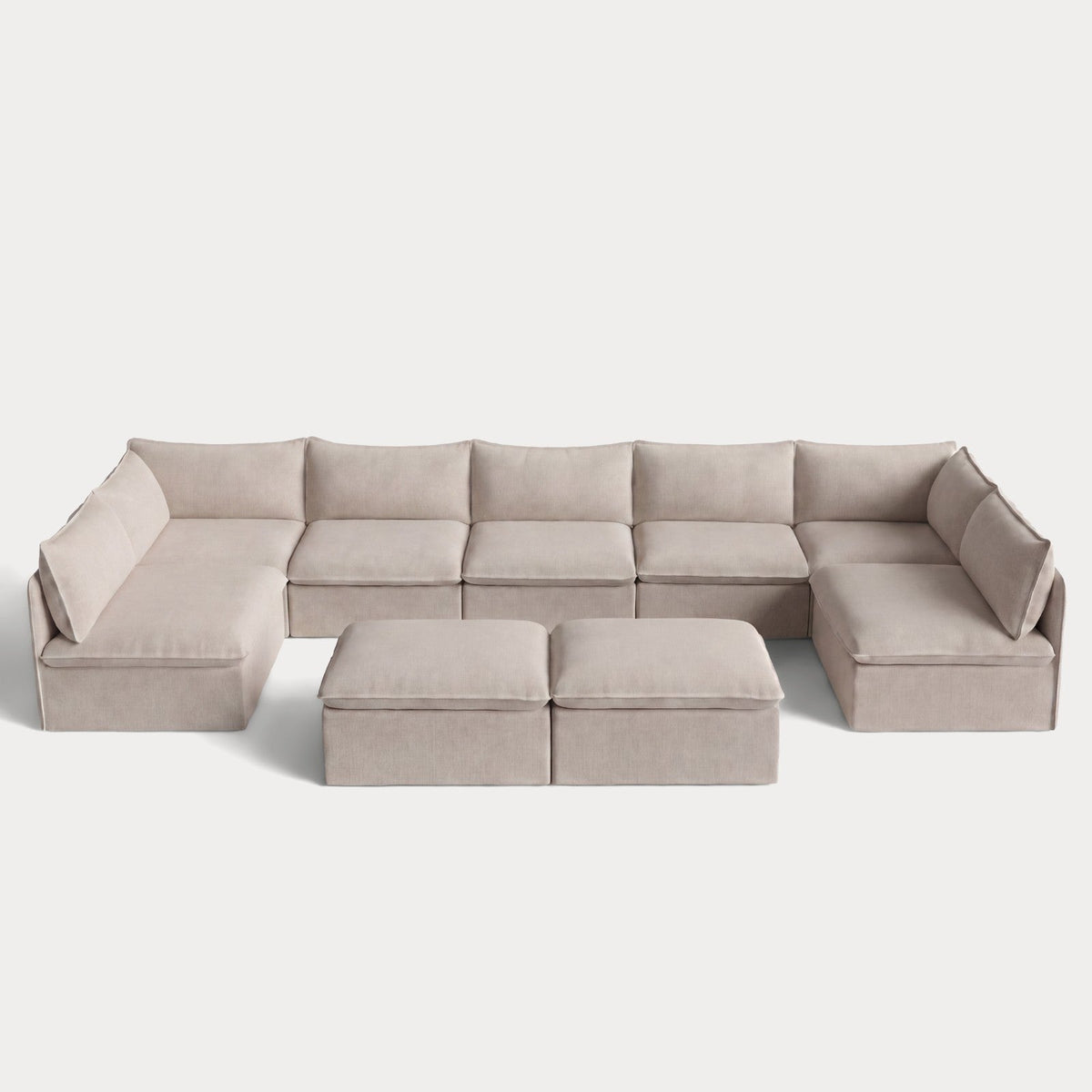 Modular Outdoor Washable 7-Seater Open-Ends U-Sectional + Bench Ottoman | Classic Canvas in Sand