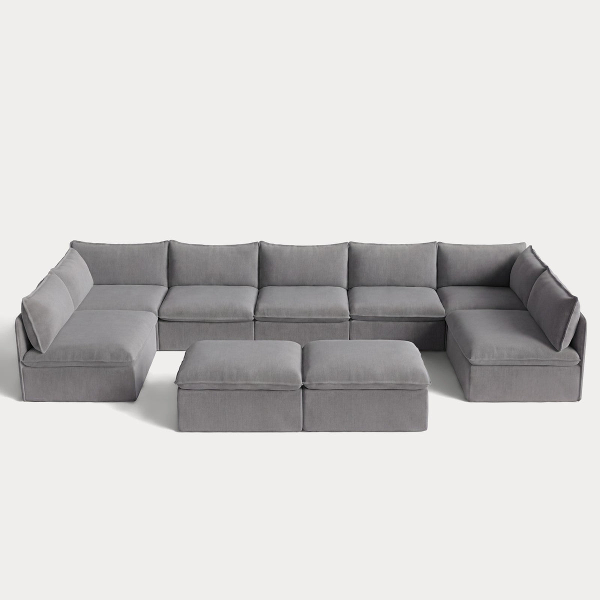 Modular Outdoor Washable 7-Seater Open-Ends U-Sectional + Bench Ottoman | Classic Canvas in Stone Gray