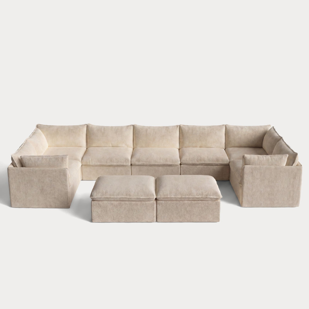 Modular Outdoor Washable 7-Seater U-Sectional + Bench Ottoman | Alfresco Boucle in Cashew