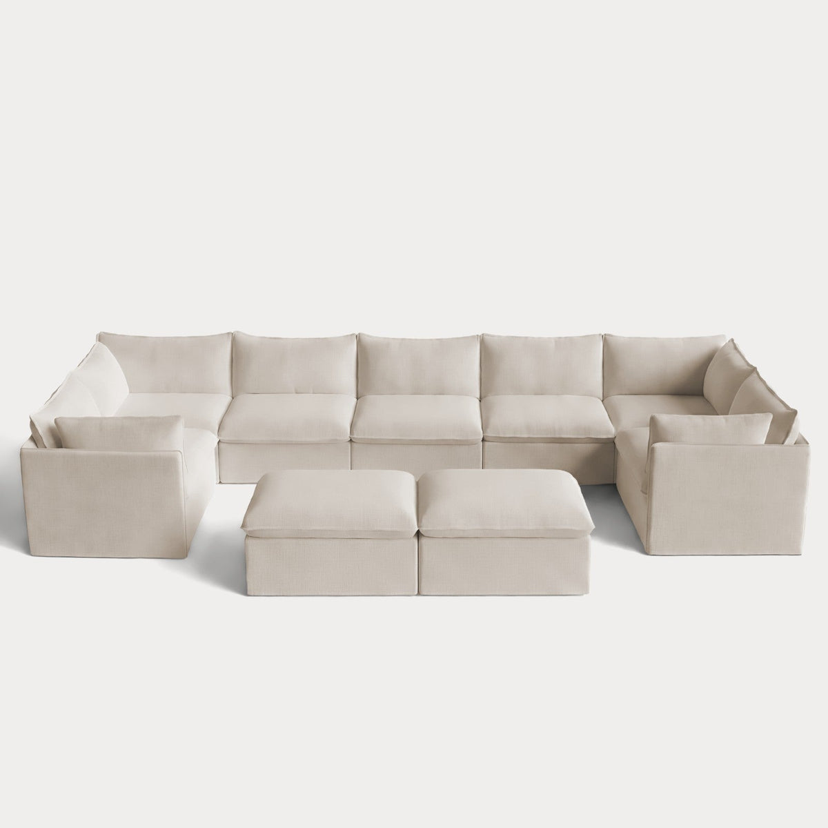 Modular Outdoor Washable 7-Seater U-Sectional + Bench Ottoman | Nano Slubweave in Chai