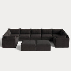 Modular Outdoor Washable 7-Seater U-Sectional + Bench Ottoman | Classic Canvas in Charcoal