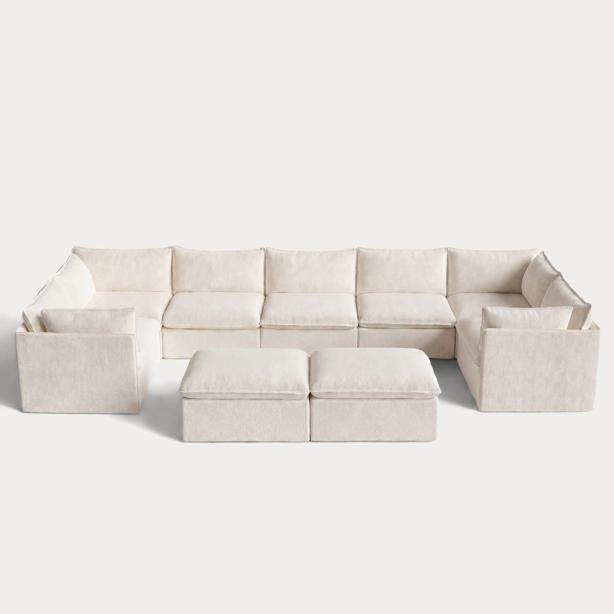 Modular Outdoor Washable 7-Seater U-Sectional + Bench Ottoman | Alfresco Boucle in Creme