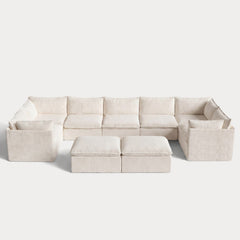 Modular Outdoor Washable 7-Seater U-Sectional + Bench Ottoman | Alfresco Boucle in Creme
