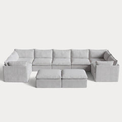 Modular Outdoor Washable 7-Seater U-Sectional + Bench Ottoman | Nano Slubweave in Mist