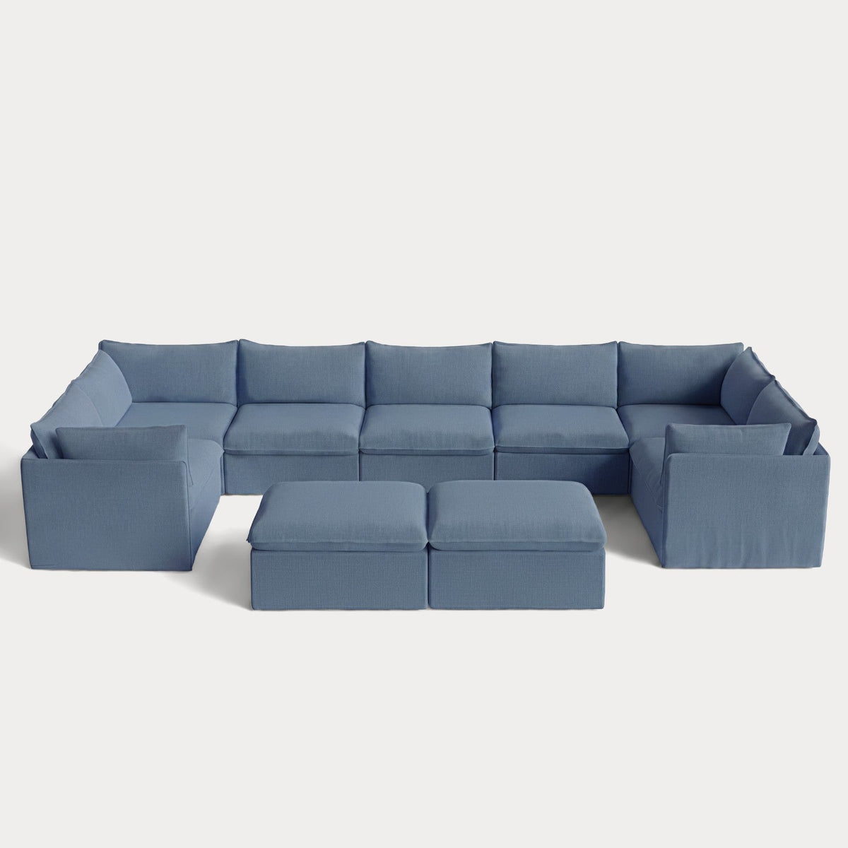 Modular Outdoor Washable 7-Seater U-Sectional + Bench Ottoman | Classic Canvas in Ocean