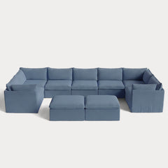 Modular Outdoor Washable 7-Seater U-Sectional + Bench Ottoman | Classic Canvas in Ocean