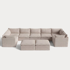 Modular Outdoor Washable 7-Seater U-Sectional + Bench Ottoman | Classic Canvas in Sand