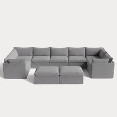 Modular Outdoor Washable 7-Seater U-Sectional + Bench Ottoman | Classic Canvas in Stone Gray