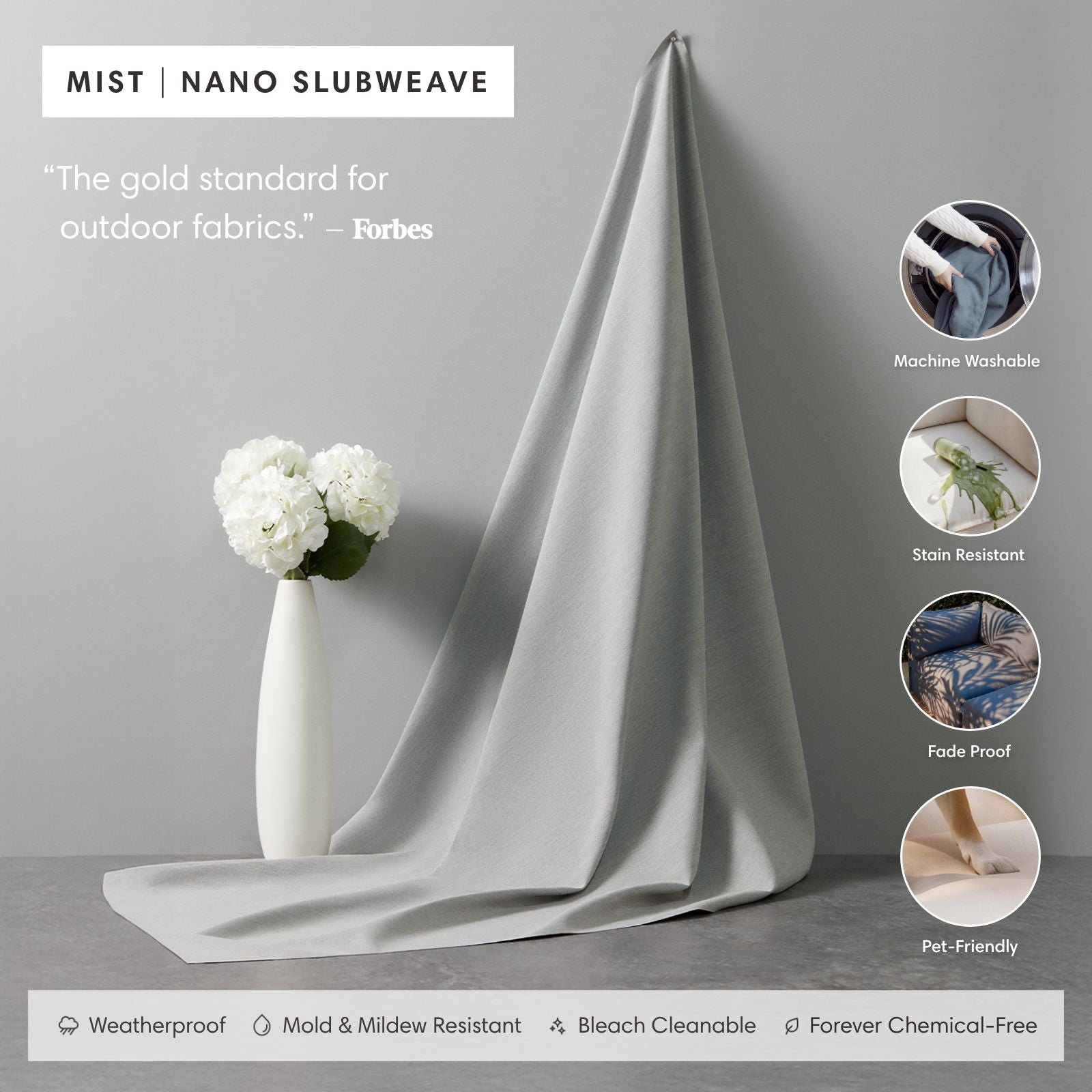 Modular Outdoor Washable 7-Seater Open-Ends U-Sectional + Ottoman | Nano Slubweave in Mist