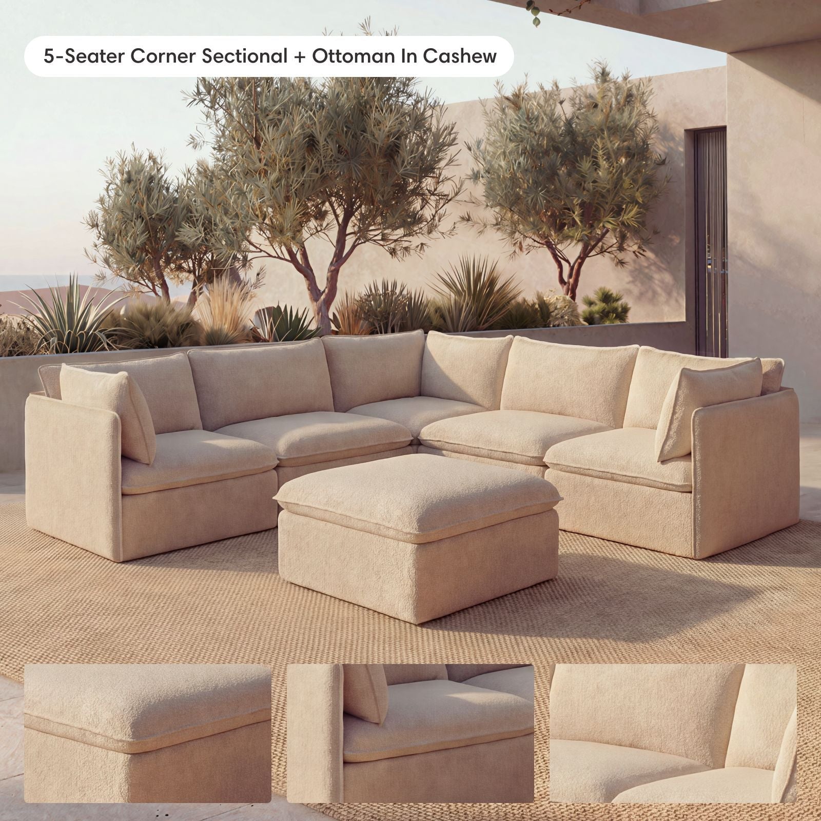 Modular Outdoor Washable 7-Seater Open-Ends U-Sectional + Bench Ottoman | Alfresco Boucle in Cashew