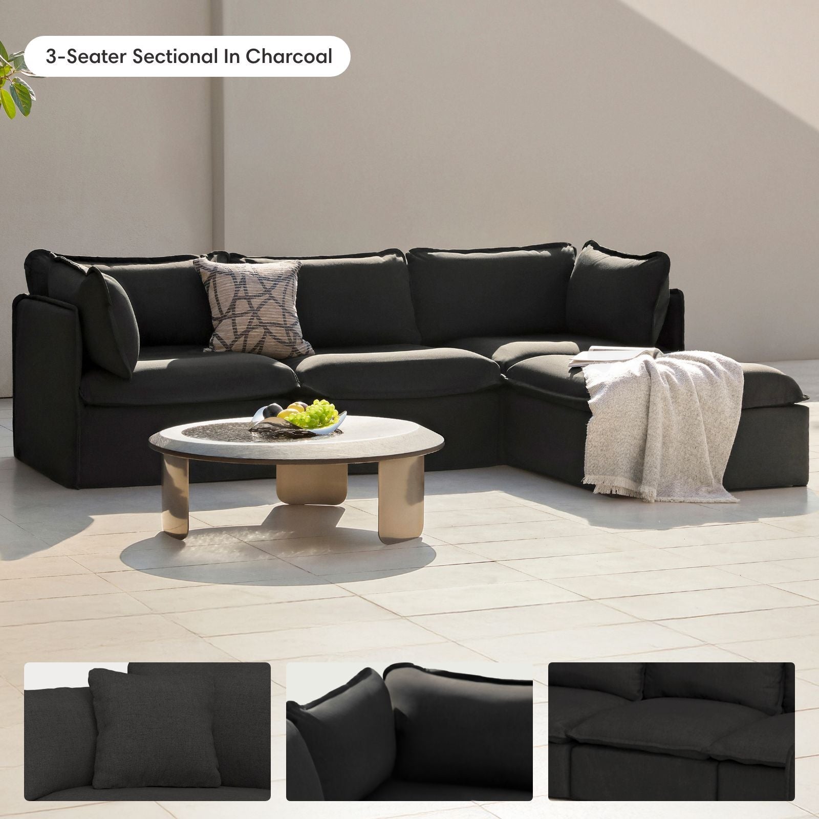 Modular Outdoor Washable 7-Seater Open-Ends U-Sectional + Bench Ottoman | Classic Canvas in Charcoal