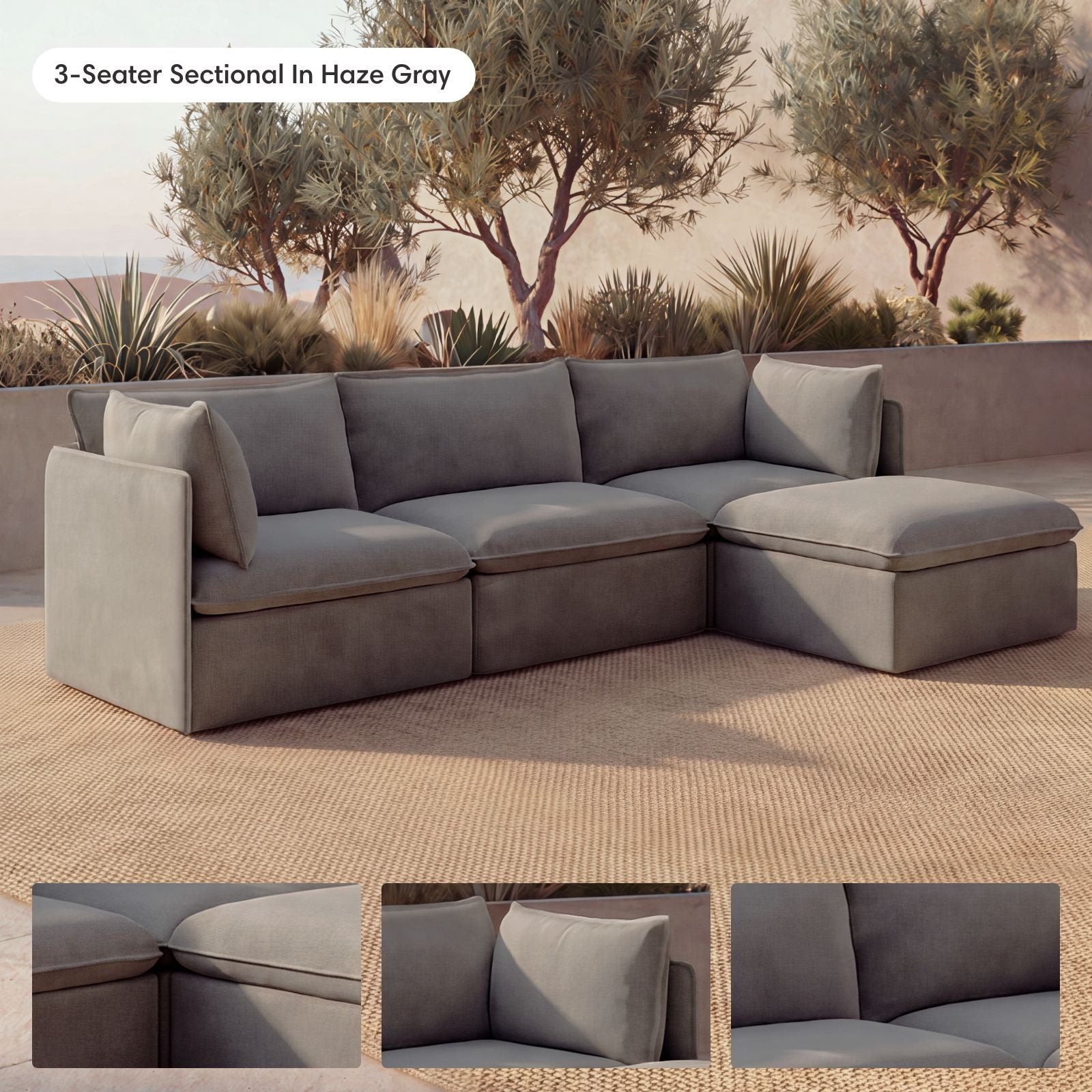 Modular Outdoor Washable 2-Seater + Ottoman | Nano Slubweave in Haze Gray