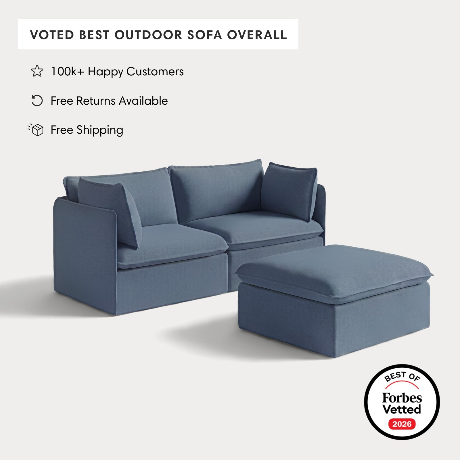 Modular Outdoor Washable 2-Seater + Ottoman | Classic Canvas in Ocean