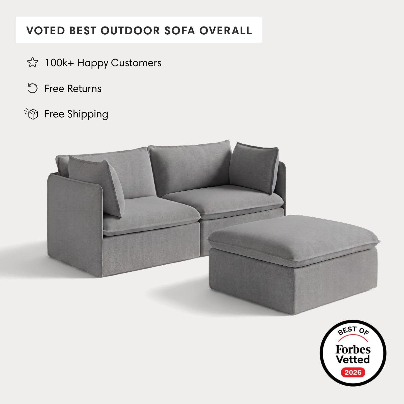 Modular Outdoor Washable 2-Seater + Ottoman | Classic Canvas in Stone Gray