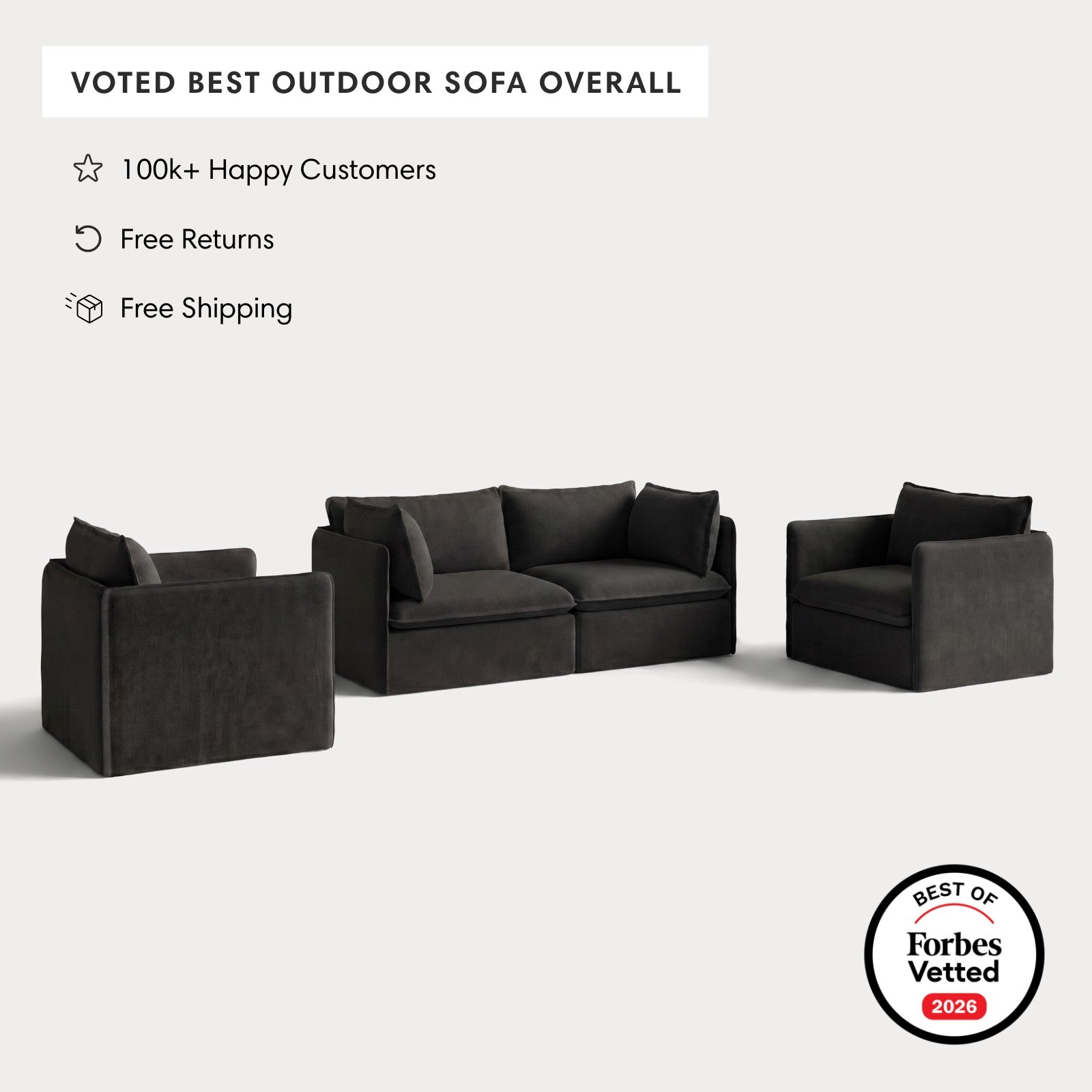 Modular Outdoor Washable 2-Seater Sofa + Armchair Set | Classic Canvas in Charcoal