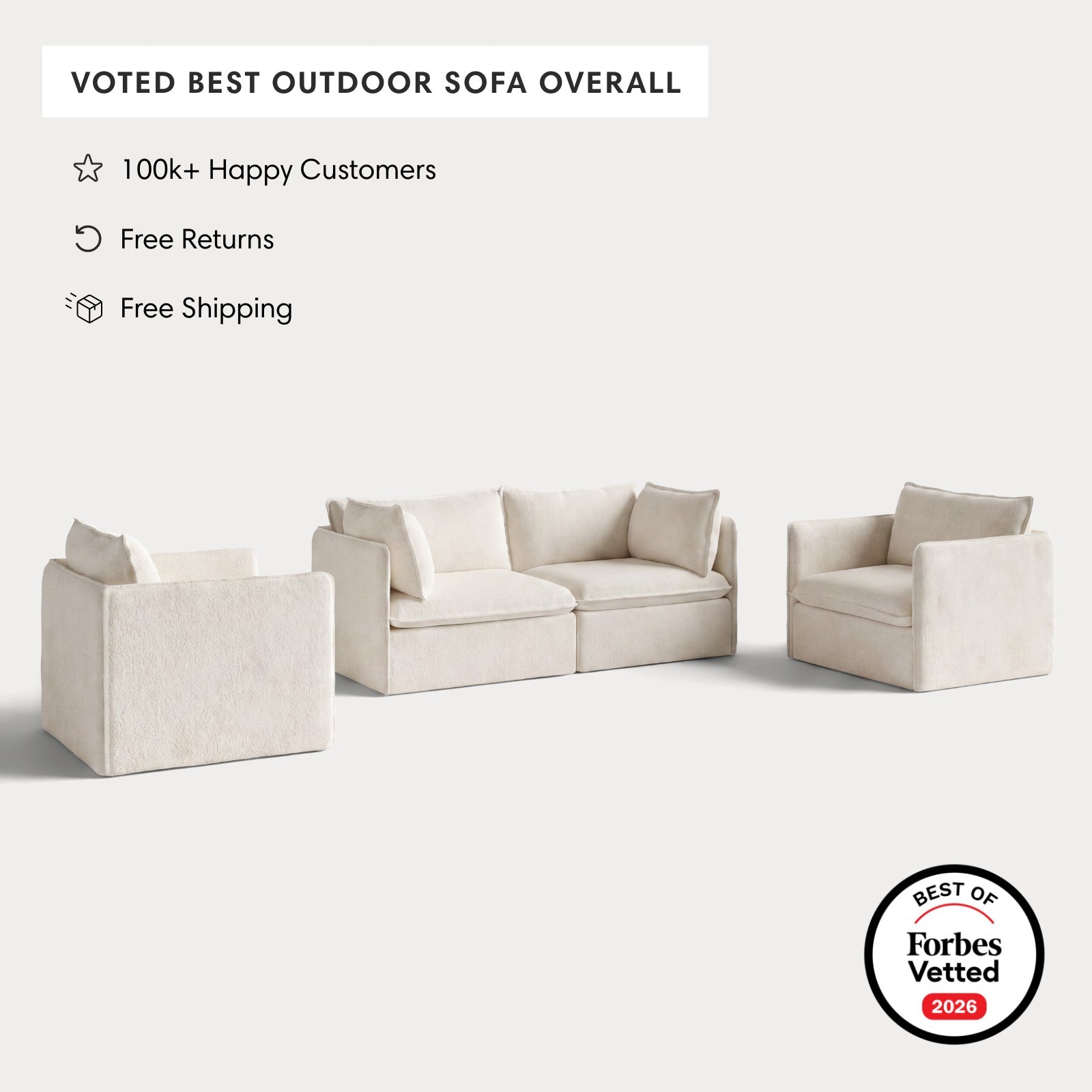 Modular Outdoor Washable 2-Seater Sofa + Armchair Set | Alfresco Boucle in Creme