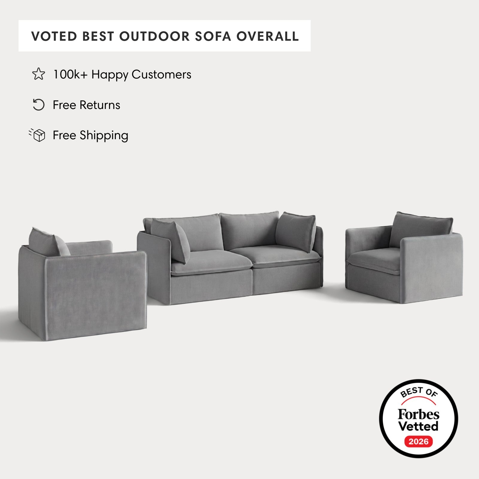 Modular Outdoor Washable 2-Seater Sofa + Armchair Set | Classic Canvas in Stone Gray