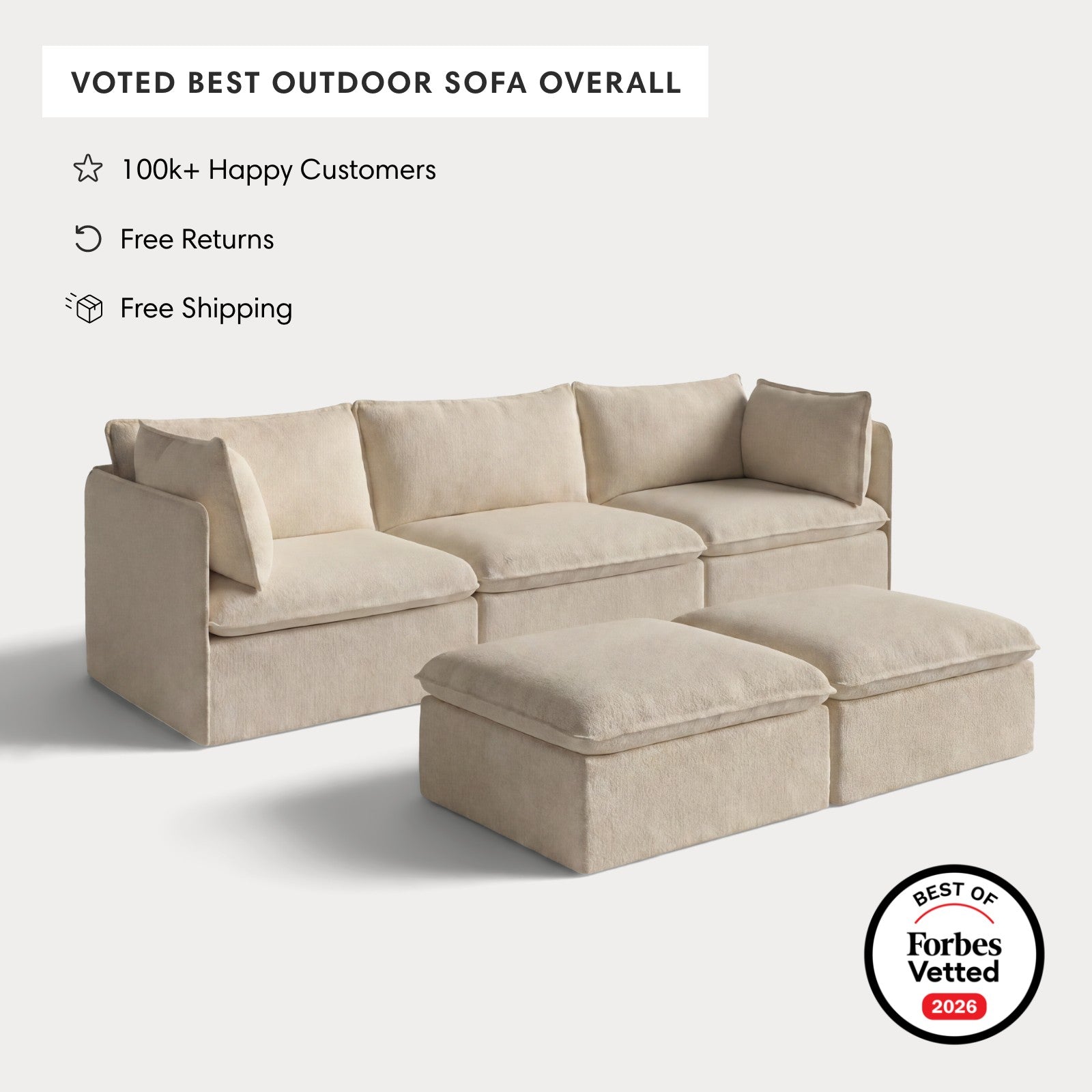 Modular Outdoor Washable 3-Seater + Bench Ottoman | Alfresco Boucle in Cashew