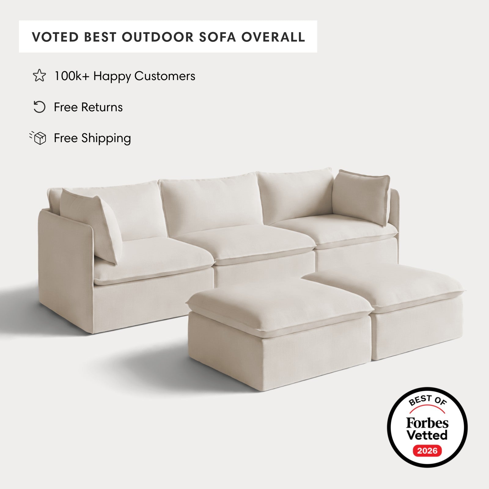 Modular Outdoor Washable 3-Seater + Bench Ottoman | Nano Slubweave in Chai