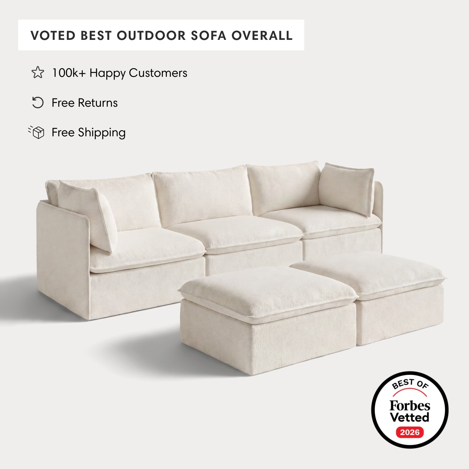 Modular Outdoor Washable 3-Seater + Bench Ottoman | Alfresco Boucle in Creme