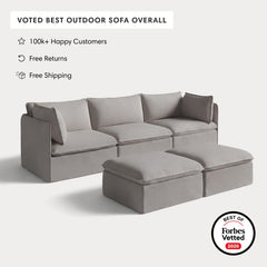 Modular Outdoor Washable 3-Seater + Bench Ottoman | Nano Slubweave in Haze Gray