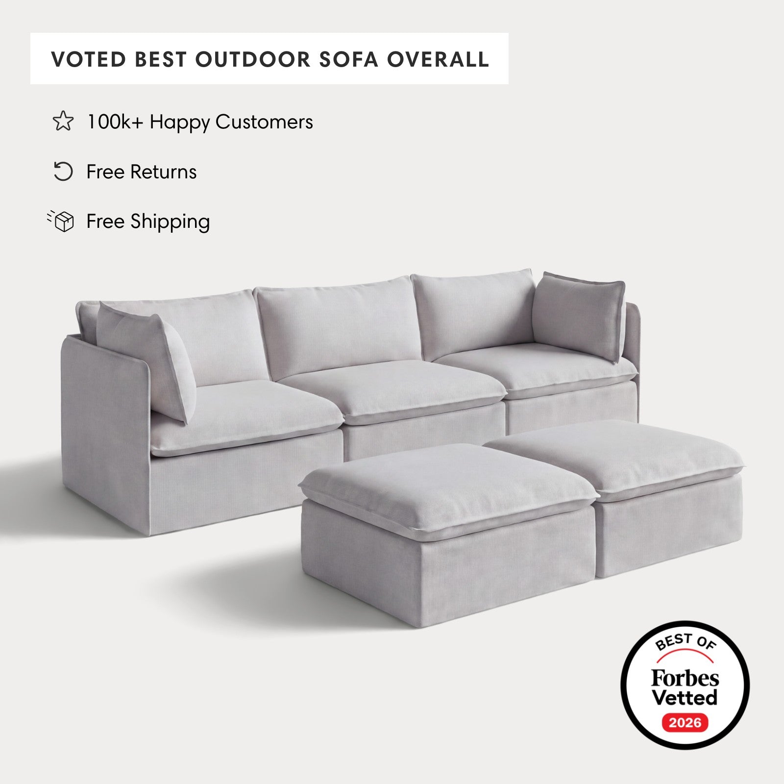 Modular Outdoor Washable 3-Seater + Bench Ottoman | Nano Slubweave in Mist