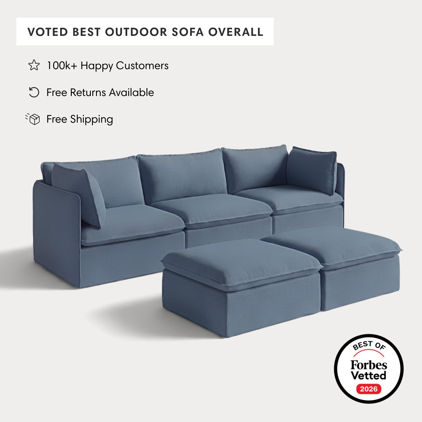 Modular Outdoor Washable 3-Seater + Bench Ottoman | Classic Canvas in Ocean
