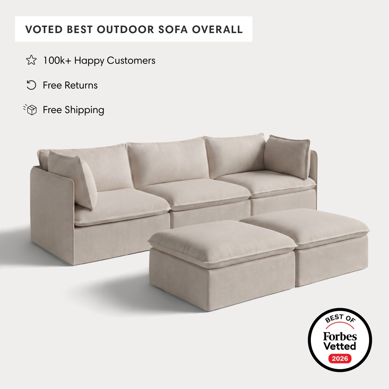 Modular Outdoor Washable 3-Seater + Bench Ottoman | Classic Canvas in Sand