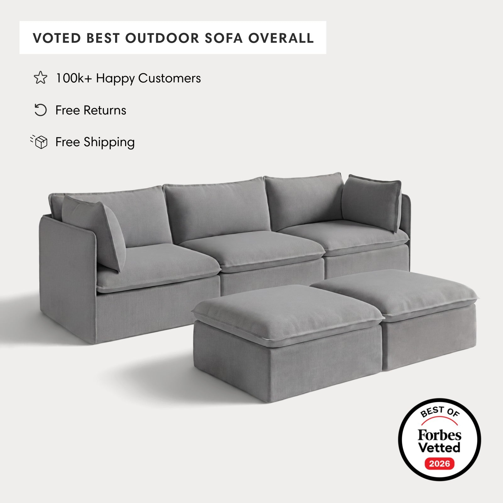 Modular Outdoor Washable 3-Seater + Bench Ottoman | Classic Canvas in Stone Gray