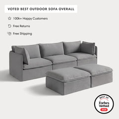 Modular Outdoor Washable 3-Seater + Bench Ottoman | Classic Canvas in Stone Gray