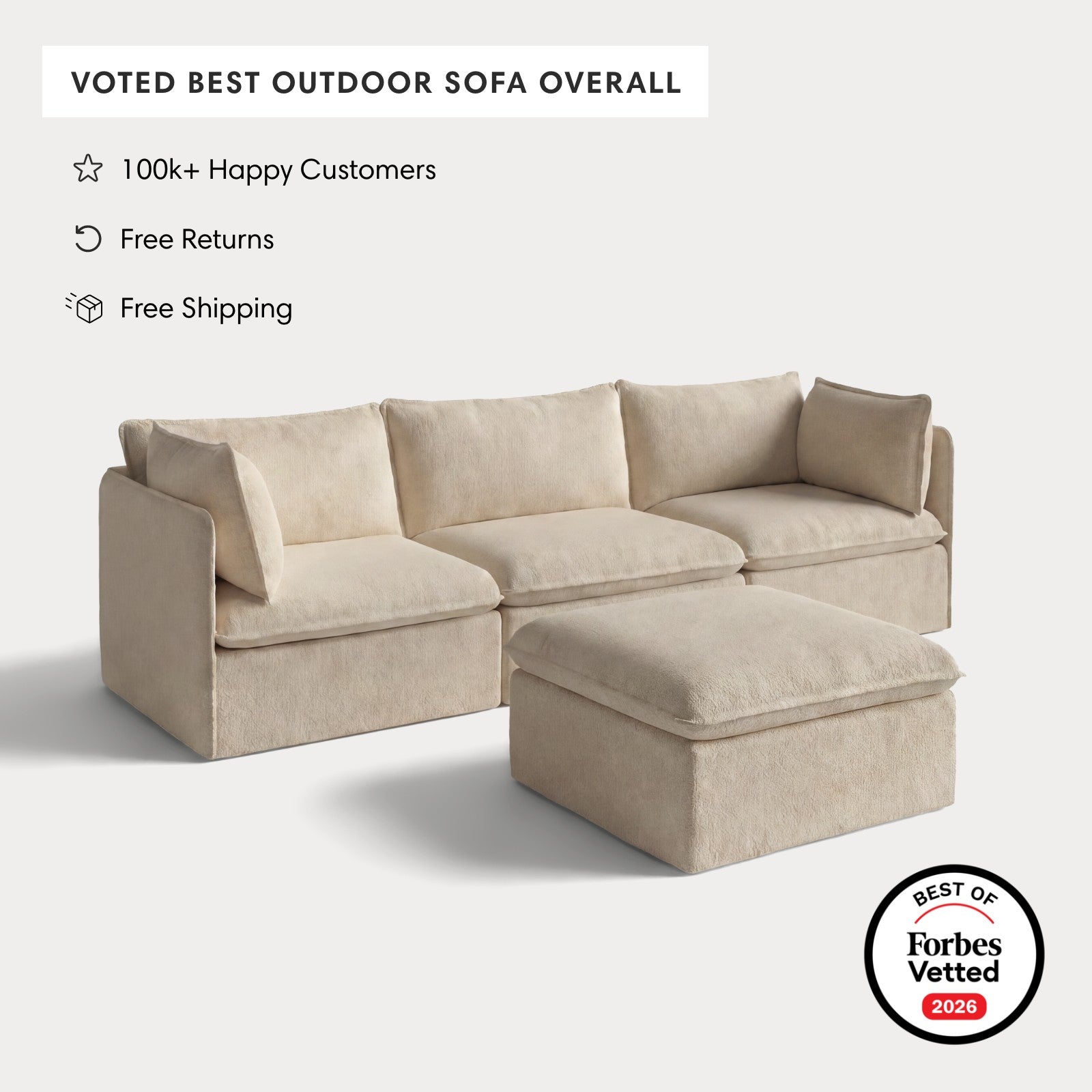 Modular Outdoor Washable 3-Seater + Ottoman | Alfresco Boucle in Cashew