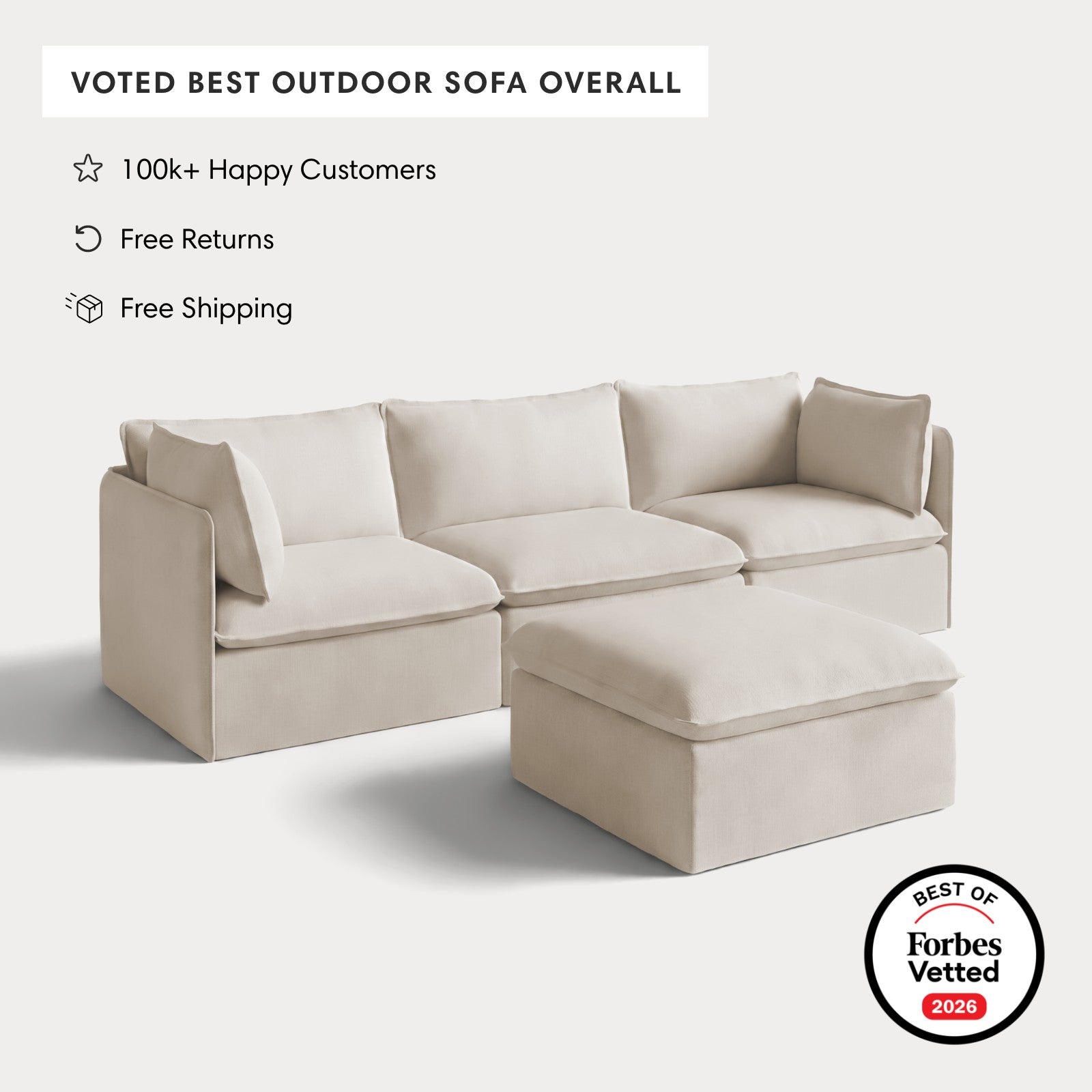 Modular Outdoor Washable 3-Seater + Ottoman | Nano Slubweave in Chai