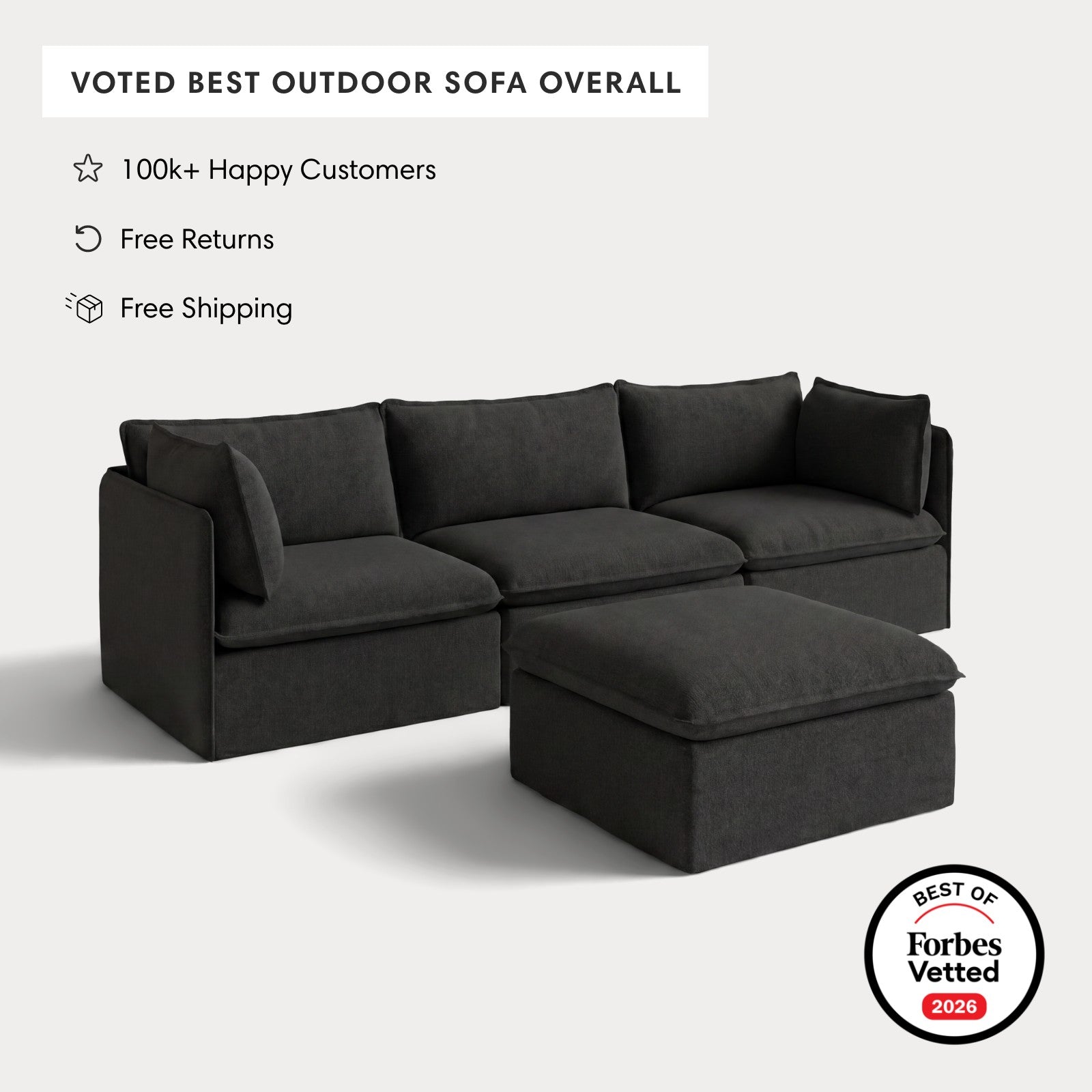 Modular Outdoor Washable 3-Seater + Ottoman | Classic Canvas in Charcoal