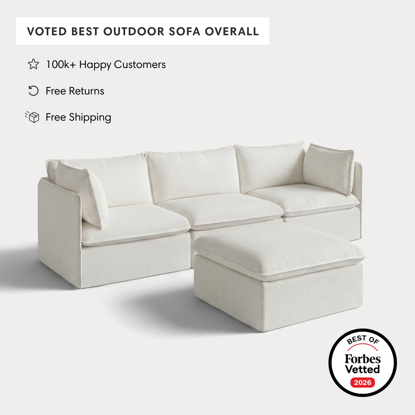 Modular Outdoor Washable 3-Seater + Ottoman | Classic Canvas in Cloud