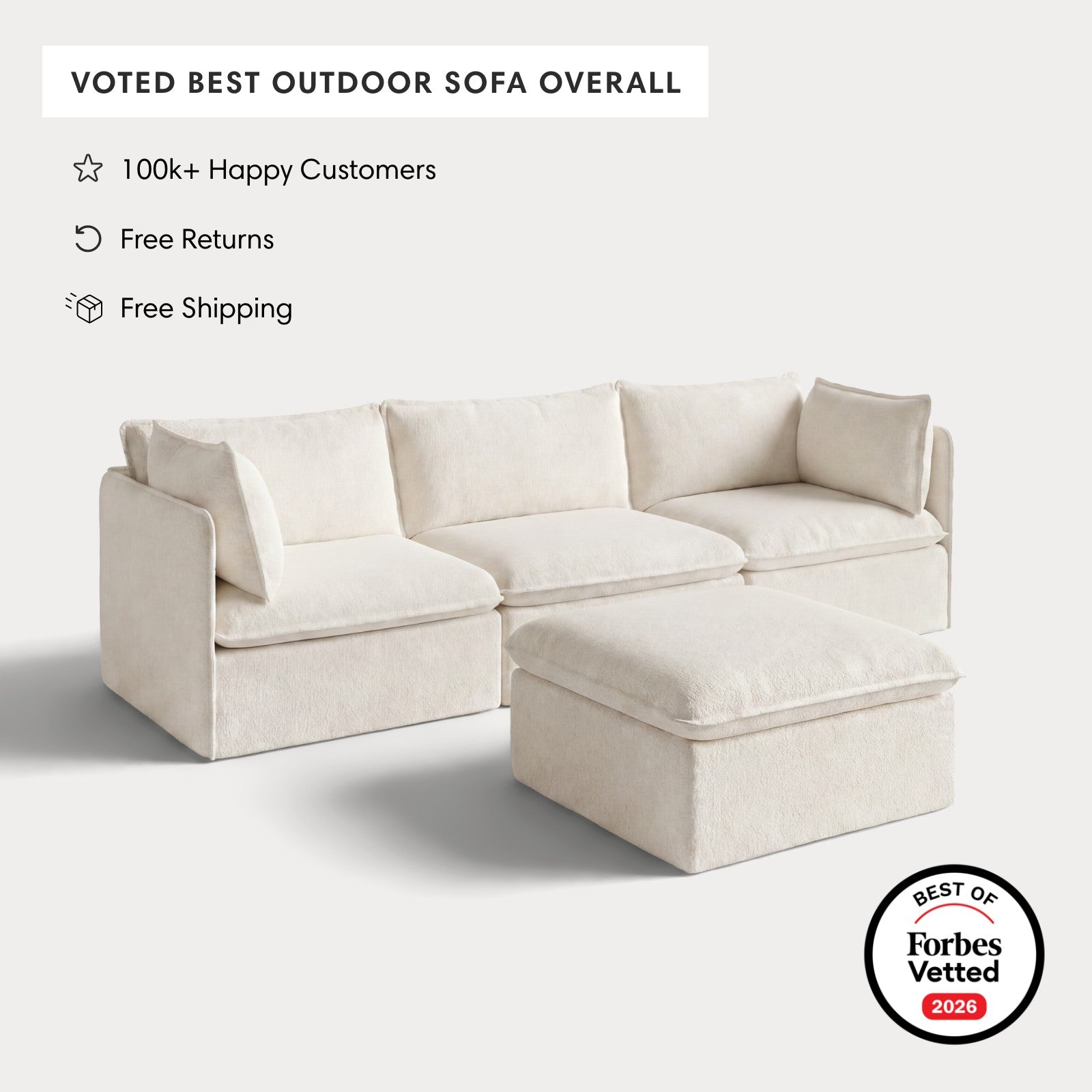 Modular Outdoor Washable 3-Seater + Ottoman | Alfresco Boucle in Creme