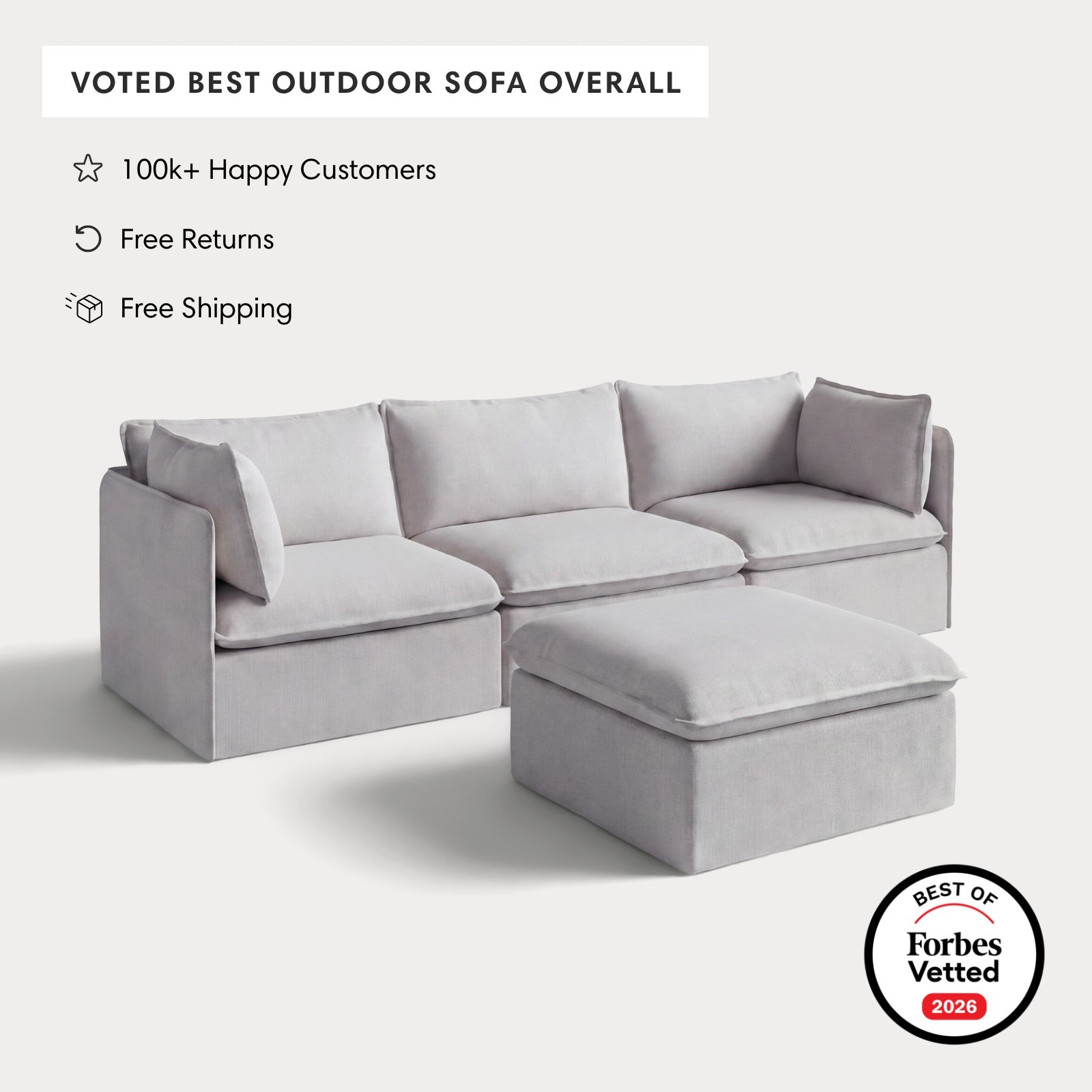 Modular Outdoor Washable 3-Seater + Ottoman | Nano Slubweave in Mist