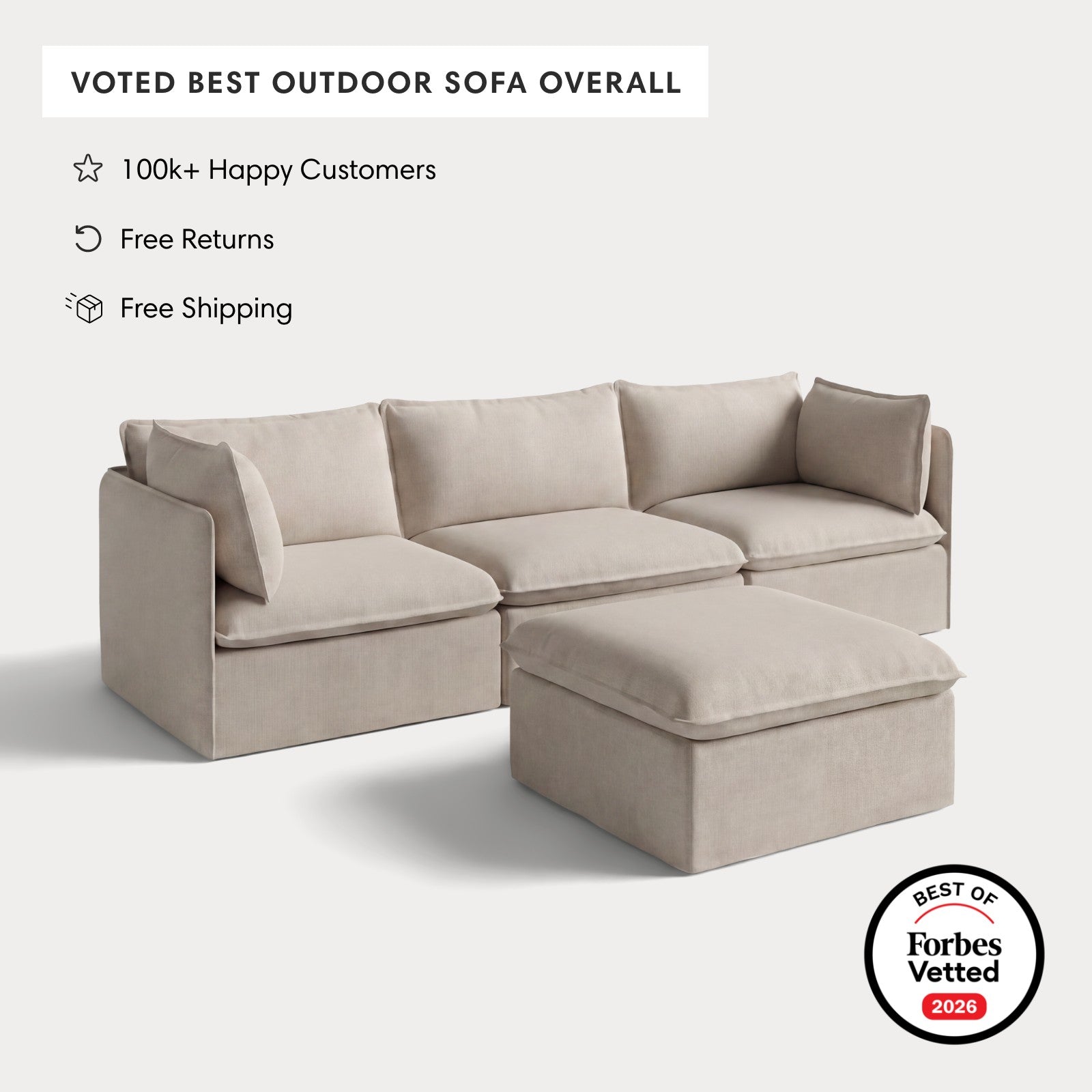 Modular Outdoor Washable 3-Seater + Ottoman | Classic Canvas in Sand