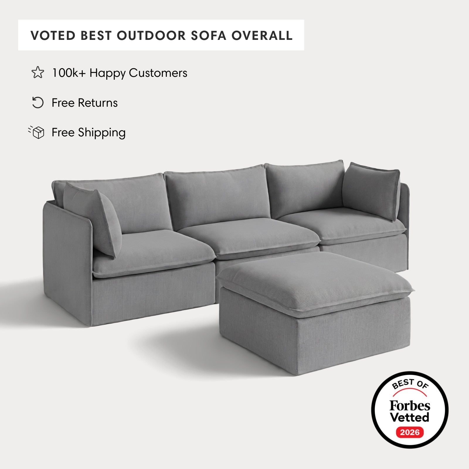 Modular Outdoor Washable 3-Seater + Ottoman | Classic Canvas in Stone Gray