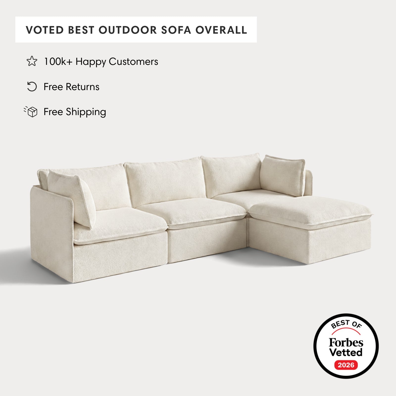 Modular Outdoor Washable 3-Seater Sectional | Alfresco Boucle in Creme