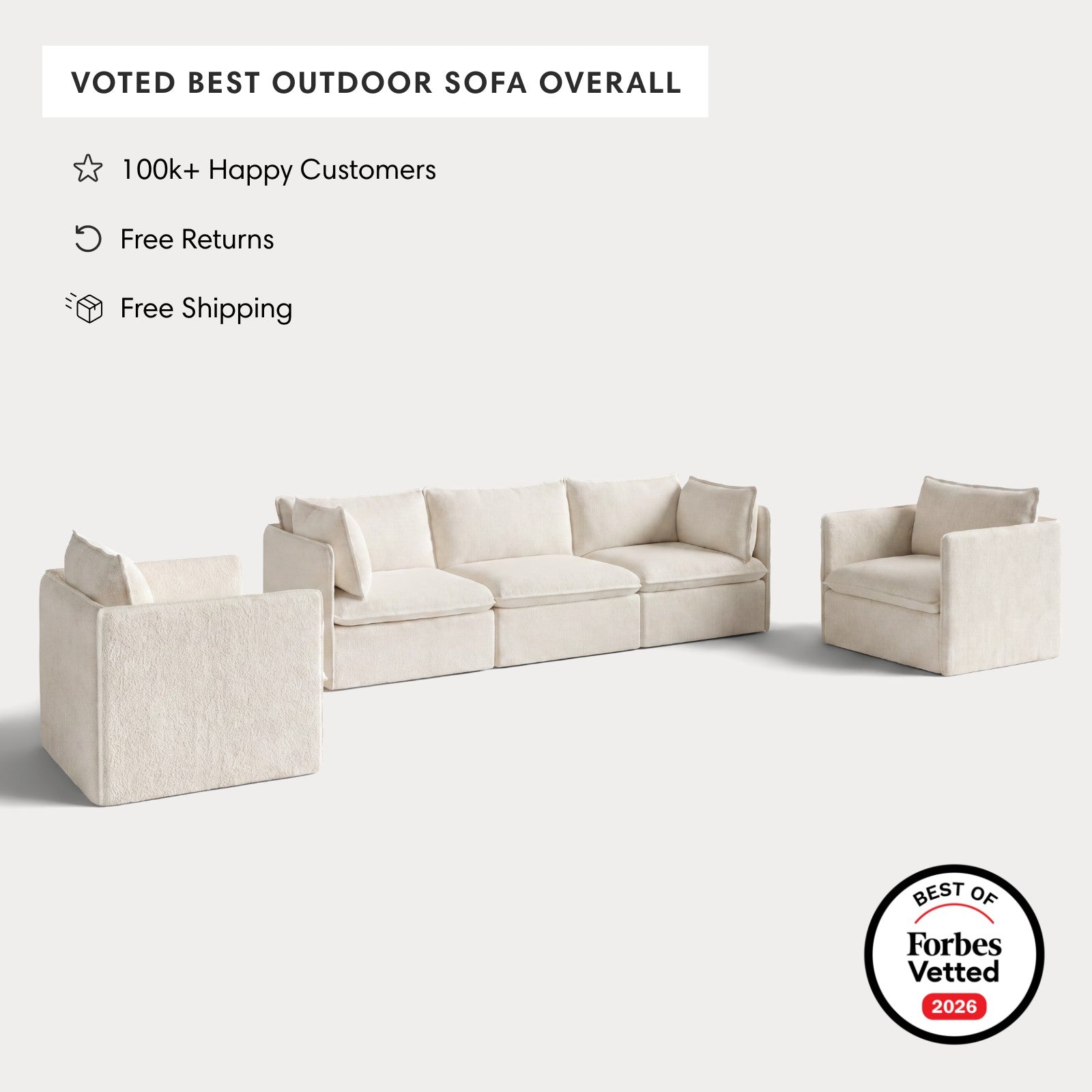Modular Outdoor Washable 3-Seater Sofa + Armchair Set | Alfresco Boucle in Creme