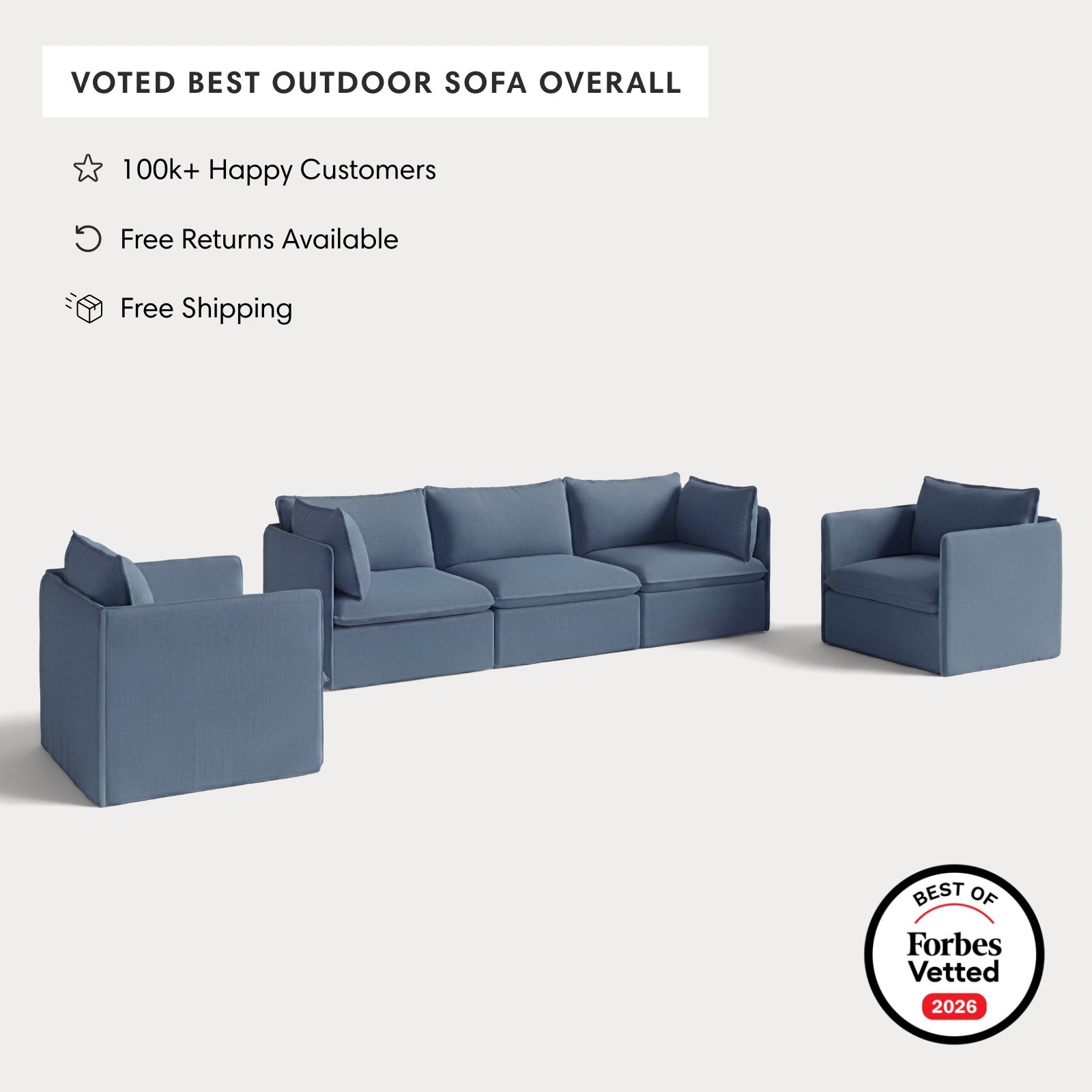 Modular Outdoor Washable 3-Seater Sofa + Armchair Set | Classic Canvas in Ocean