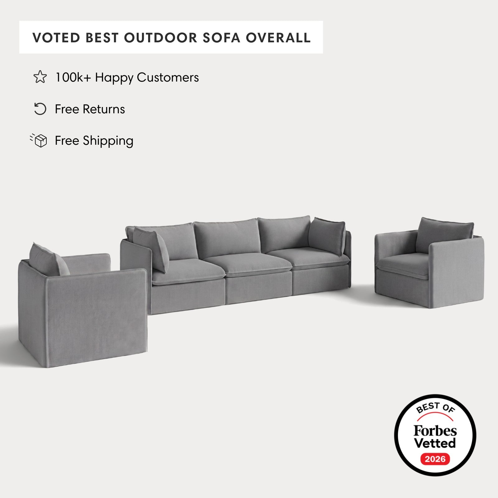 Modular Outdoor Washable 3-Seater Sofa + Armchair Set | Classic Canvas in Stone Gray