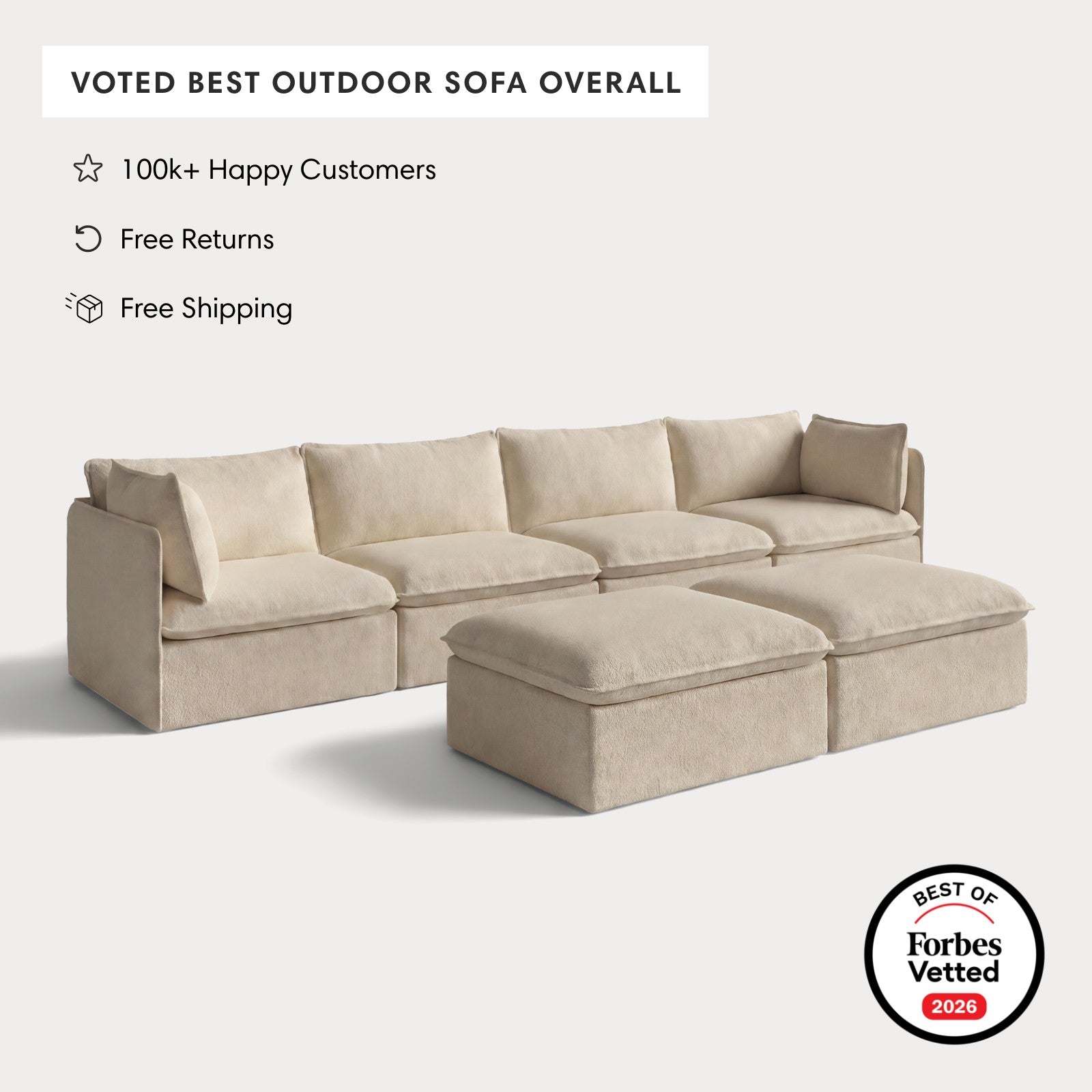 Modular Outdoor Washable 4-Seater + Bench Ottoman | Alfresco Boucle in Cashew