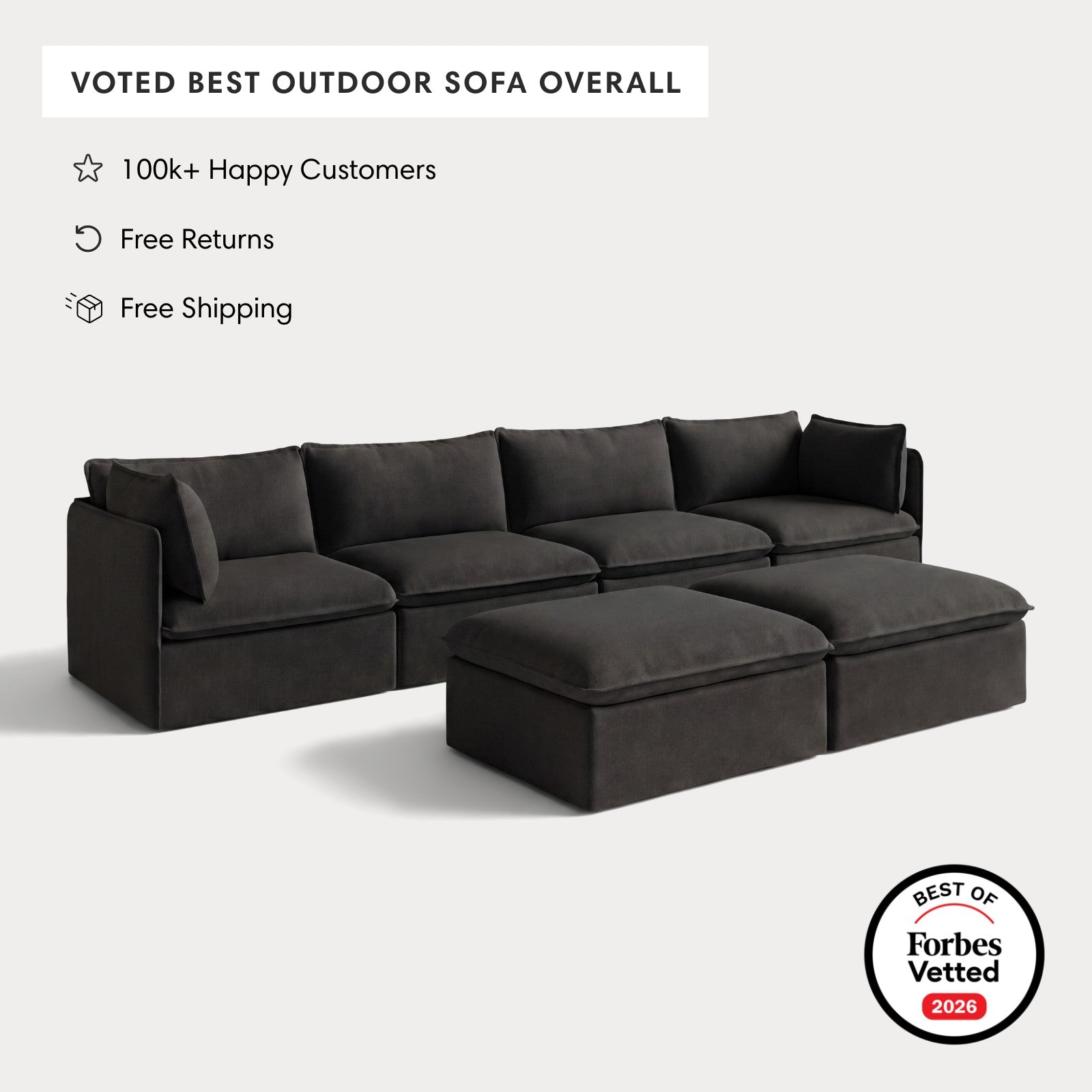 Modular Outdoor Washable 4-Seater + Bench Ottoman | Classic Canvas in Charcoal
