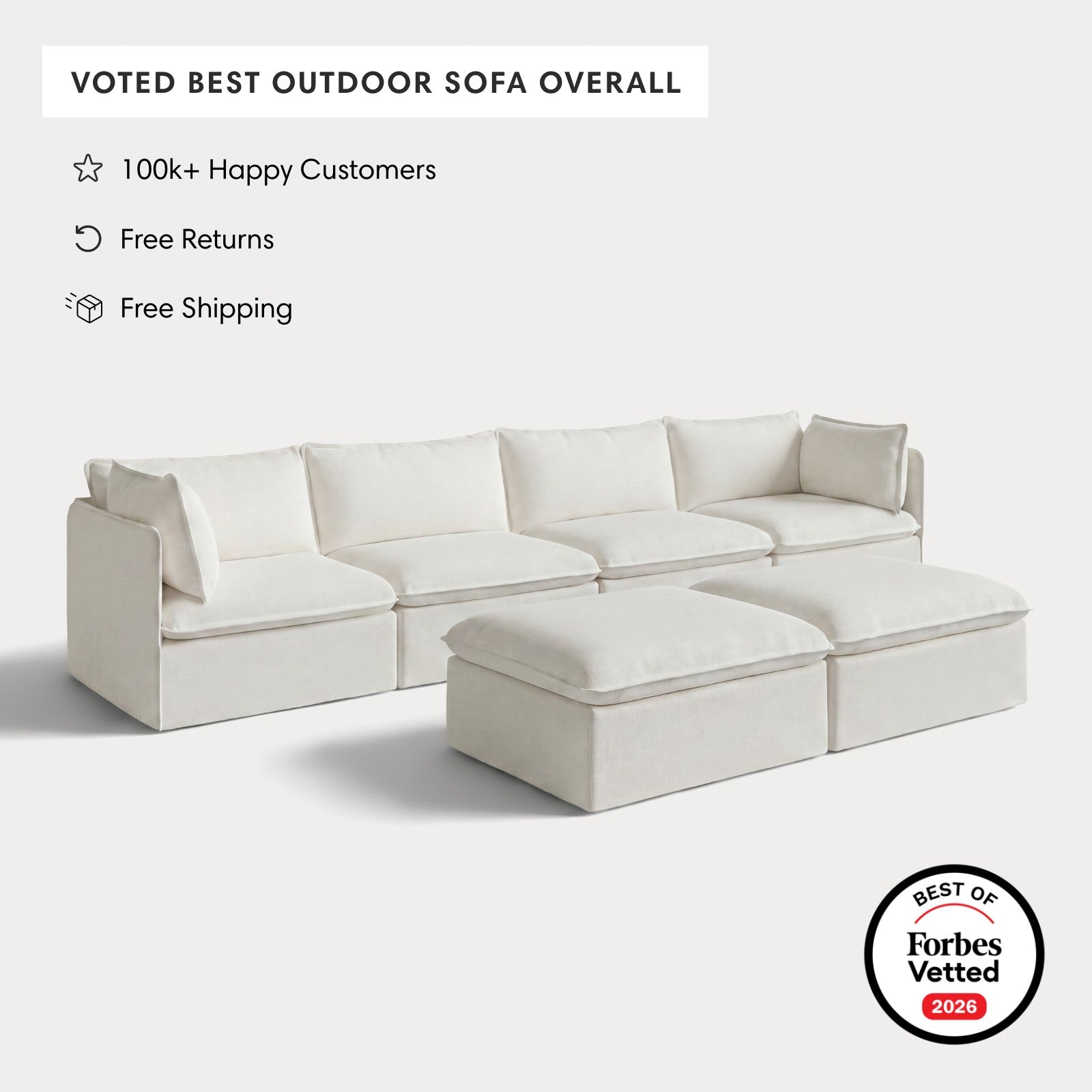Modular Outdoor Washable 4-Seater + Bench Ottoman | Classic Canvas in Cloud