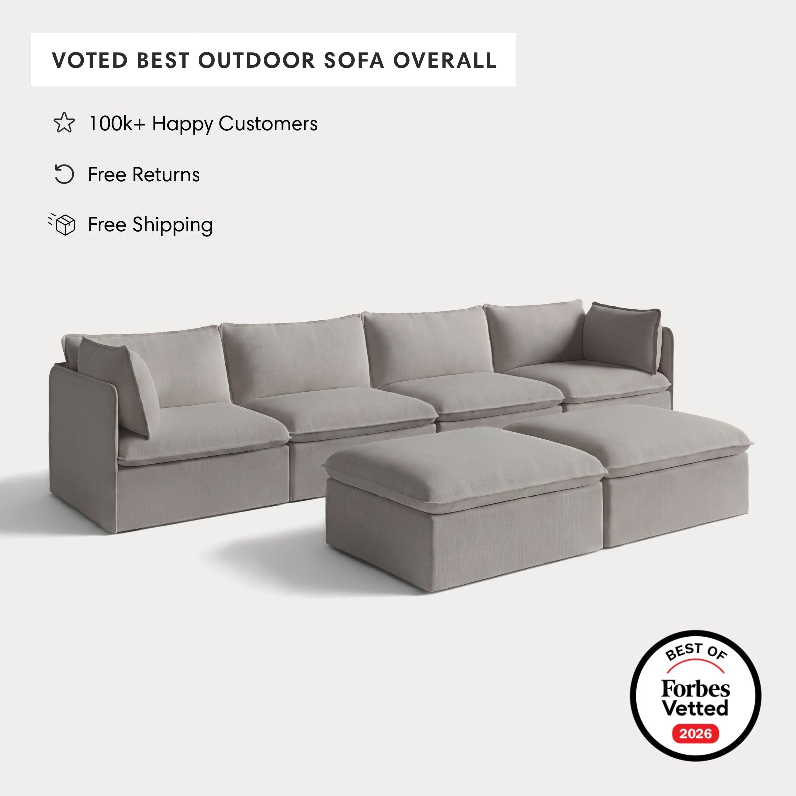 Modular Outdoor Washable 4-Seater + Bench Ottoman | Nano Slubweave in Haze Gray